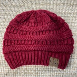 C.C WOMENS CABLE KNIT BEANIE CAP STRETCH BURGUNDY RED ONE SIZE FITS MOST ACRYLIC